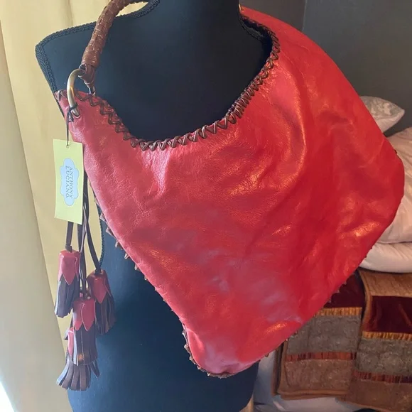 Custom made Anthony Luciano leather red brown hobo bag purse tassels - Picture 4 of 13